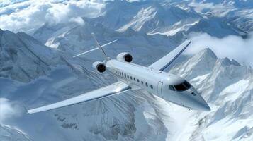ai généré luxe privé jet en volant plus de enneigé montagnes en dessous de bleu ciel photo
