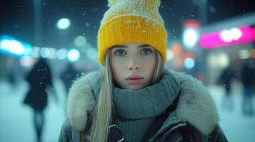 ai généré Jeune femme dans hiver vêtements avec une neigeux ville Contexte à nuit photo