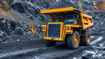 ai généré lourd exploitation minière un camion chargé avec le fer minerai sur le à ciel ouvert carrière photo