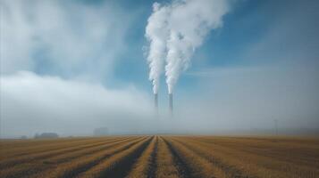 ai généré industriel cheminées émanant fumée plus de une chaume champ photo