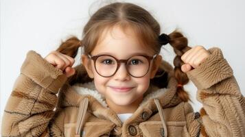 ai généré adorable souriant Jeune fille portant des lunettes et chaud manteau photo