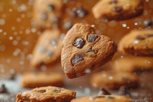 ai généré Chocolat puce biscuits planant sur une Jaune Toile photo