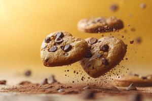 ai généré Chocolat puce biscuits planant sur une Jaune Toile photo