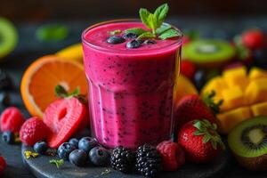 ai généré vibrant smoothie excité par coloré des fruits photo