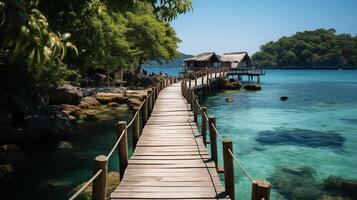 ai généré relaxant sur bois pont dans magnifique destination île, phang-nga baie, bleu ciel, aventure mode de vie Voyage Thaïlande, tourisme la nature paysage Asie, touristique sur été vacances photo