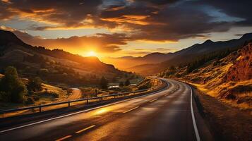 ai généré scénique incurvé Autoroute asphalte route avec d'or ciel et Montagne dans le le coucher du soleil photo