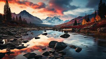 ai généré impressionnant la nature paysage. magnifique scène avec haute tatra Montagne pics, des pierres dans Montagne lac, calme Lac eau, réflexion, coloré le coucher du soleil ciel. photo