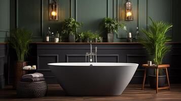 ai généré intérieur de moderne salle de bains avec vert des murs, en bois sol, confortable baignoire et double évier avec miroir photo
