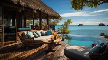 ai généré fantastique plus de l'eau villa, terrasse vue avec Soleil des lits chaises en dessous de parapluie, luxe bassin Hôtel avec étourdissant océan vue photo