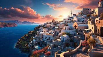 ai généré Santorin île, Grèce. le coucher du soleil paysage avec magnifique panorama et Soleil des rayons mer voir. fantastique été vacances et vacances concept photo