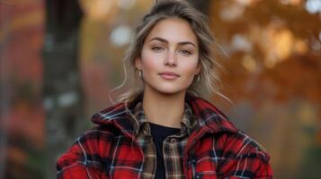 ai généré Jeune femme dans plaid veste avec l'automne couleurs bokeh Contexte photo