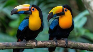 ai généré paire de toucans perché sur branche dans tropical habitat photo