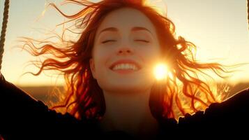 ai généré joyeux femme profiter le coucher du soleil avec vent dans cheveux et radiant sourire photo