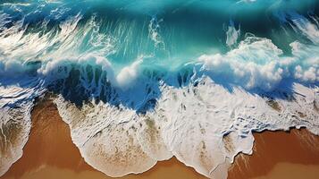 ai généré été paysage marin, bleu mer l'eau dans ensoleillé journée. Haut vue de drone. le plus long mer aérien voir, incroyable tropical la nature Contexte. photo