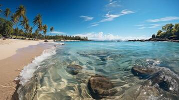 ai généré tropical paradis plage avec blanc le sable et bleu mer l'eau Voyage tourisme large panorama Contexte concept. idyllique plage paysage, doux vagues, paisible la nature paysage photo