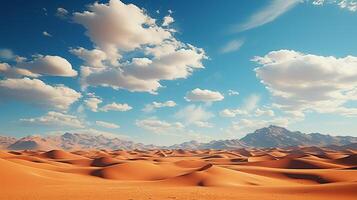 ai généré magnifique paysage de désert dunes montagnes avec brillant des nuages ciel. minimal la nature Contexte. photo