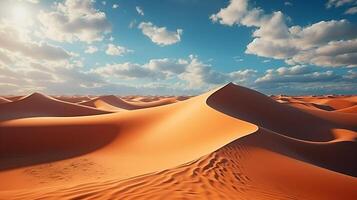ai généré magnifique paysage de désert dunes montagnes avec brillant des nuages ciel. minimal la nature Contexte. photo