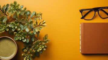 ai généré affaires concept. Haut vue de vide carnet de notes, ordinateur portable, tasse de café, succulent plante ans lunettes plus de lumière bureau. photo