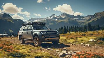 ai généré grand voiture garé sur saleté route parmi le Montagne et Prairie sur ensoleillé journée dans été photo