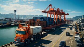 ai généré récipient cargaison cargaison navire pendant décharge à industriel port, la logistique importer exportation Contexte et transport industrie concept photo