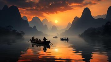 ai généré li rivière, Chine. calcaire montagnes dans le brumeux Matin. photo