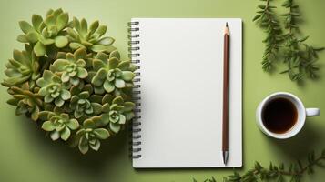 ai généré affaires concept. Haut vue de vide carnet de notes, ordinateur portable, tasse de café, succulent plante ans lunettes plus de lumière bureau. photo