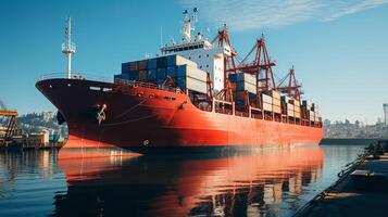 ai généré récipient cargaison cargaison navire pendant décharge à industriel port, la logistique importer exportation Contexte et transport industrie concept photo