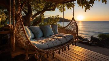 ai généré lever du soleil, tropical plage paradis comme été paysage avec plage balançoire ou hamac et blanc sable, calme mer serein plage. luxe plage vacances été vacances. photo