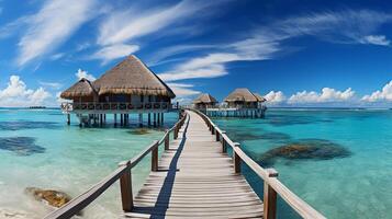 ai généré incroyable ensoleillé panorama à Maldives. luxe recours villas paysage marin avec renforcer en haut couleurs, bleu mer ciel, fantastique jetée. parfait été vacances vacances Contexte. photo