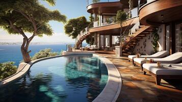 ai généré nager bassin dans luxe villa avec mer voir. photo