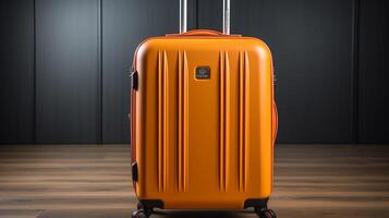 ai généré Orange valise dans aéroport Terminal Voyage et vacances concept photo