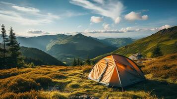 ai généré impressionnant camping dans Haut de Montagne. solitaire vert tente est caché dans une Montagne forêt parmi rouge nain bouleau des buissons. tourisme concept aventure voyage Extérieur photo