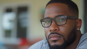 ai généré fermer portrait de une réfléchi africain américain homme avec des lunettes photo