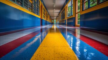 ai généré coloré école couloir avec vivement peint des murs et sol photo