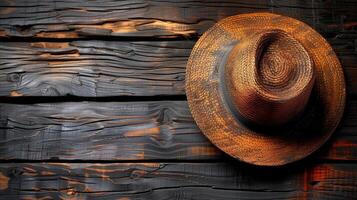 ai généré exposé au soleil marron chapeau sur rustique en bois Contexte photo