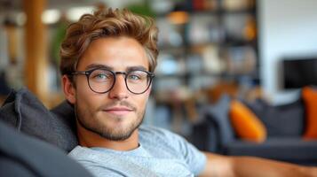 ai généré Jeune homme relaxant sur une canapé dans une moderne vivant pièce photo