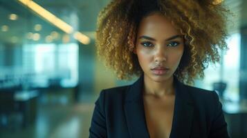 ai généré professionnel femme d'affaires dans moderne Bureau réglage portrait photo