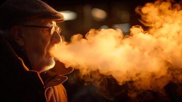 ai généré personnes âgées homme exhalant chaud souffle sur une du froid soir photo