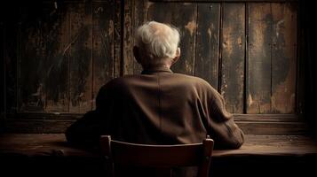 ai généré personnes âgées homme contemplant par rustique en bois fenêtre dans de mauvaise humeur lumière photo