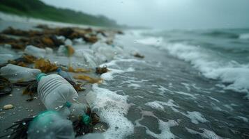 ai généré Plastique la pollution sur une nuageux bord de mer pendant faible marée photo