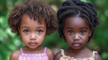 ai généré portrait de deux adorable Jeune les filles avec expressif yeux et magnifique coiffures photo