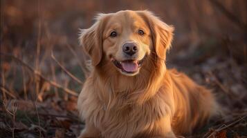 ai généré d'or retriever profiter une le coucher du soleil dans le campagne photo