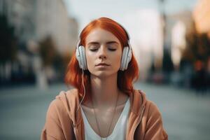 ai généré la musique thérapie, harmonie, mental santé concept. jolie méditer femelle adolescent profiter la musique dans écouteurs en plein air photo