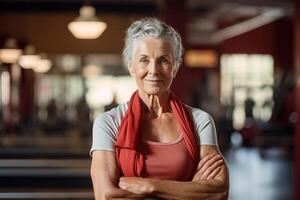 ai généré personnes âgées de bonne humeur femelle bodybuilder dans salle de sport, portrait souriant caucasien actif musclé sportive à la recherche à caméra. Sénior gens et des sports photo