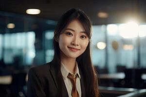 ai généré portrait souriant mignonne asiatique femme d'affaires dans costume dans bureau, sur de soi positif Jeune femme directeur ouvrier à la recherche à caméra, à l'intérieur. affaires et carrière concept photo