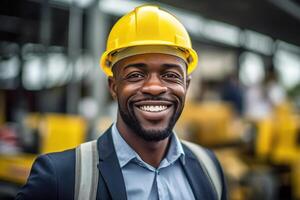 ai généré adulte africain américain Masculin ingénieur dans costume et difficile chapeau à usine, portrait de souriant inspecteur à construction site en plein air photo