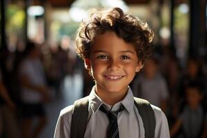 ai généré portrait de content écolier souriant Beau frisé garçon avec sac à dos à école. les enfants et éducation photo