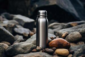 ai généré métal nettoyer camping thermos sur des pierres. fermer de un le fer ballon en plein air photo