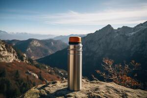 ai généré camping vide ballon thermos dans montagnes, acier récipient de rochers sur une ensoleillé journée photo