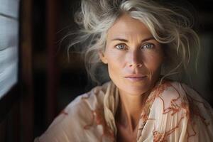 ai généré portrait attrayant milieu vieilli femme avec les rides et gris cheveux à la recherche à caméra, magnifique élégant Sénior caucasien modèle posant séance à l'intérieur. Naturel beauté, peau se soucier photo